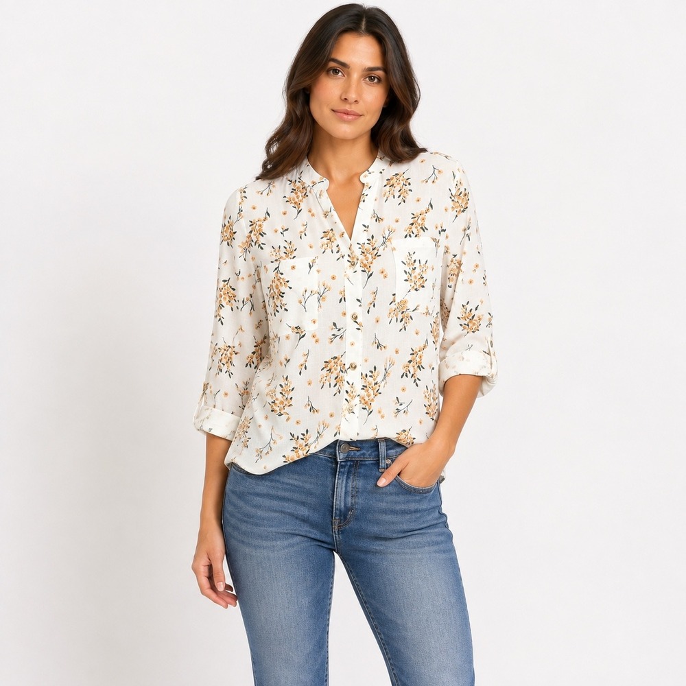 Ember Blouse Large White Orange Floral Roll Tab Sleeve Button Up ST7815